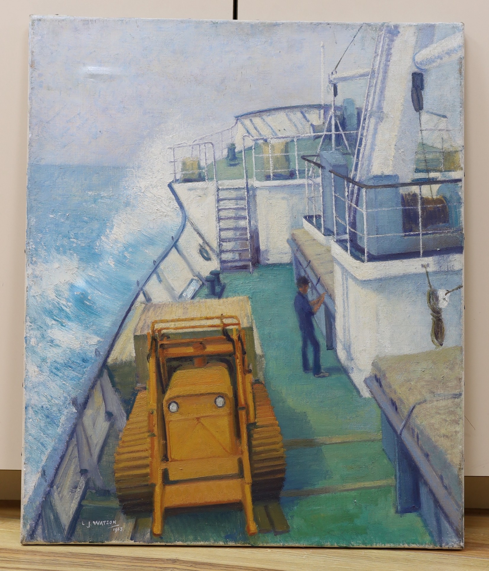 Leslie Joseph Watson (b.1906), Deck of a merchant ship, signed and dated 1963, 60 x 51cm, unframed